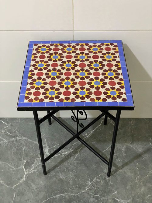 Handmade Moroccan Mosaic Side Table – Andalusian Zellige Accent Table with Iron Base | Boho Patio Decor
