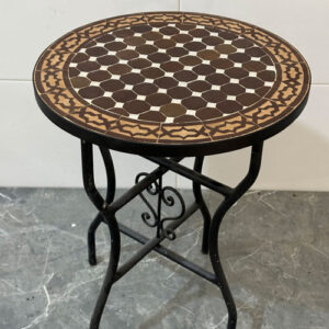 Handmade Moroccan Mosaic Side Table – Brown Zellige Patio Accent Table with Wrought Iron Base | Indoor & Outdoor Decor