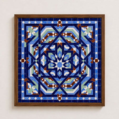 Handmade Moroccan Star Mosaic Wall Art – Blue Geometric Zellige Tile Panel in Wooden Frame