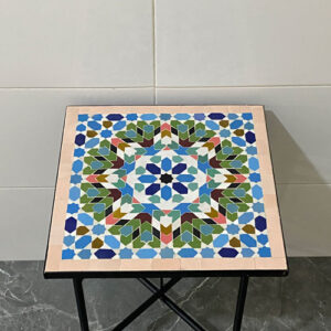 Handmade Moroccan Tile End Table – Geometric Zellige Accent Table with Iron Legs | Boho Chic Side Table Decor