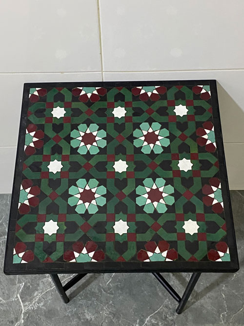 Handmade Moroccan Mosaic Tile Table – Green & Burgundy Zellige Star Pattern Square Side Table with Wrought Iron Base | Indoor & Outdoor Decor - Image 2