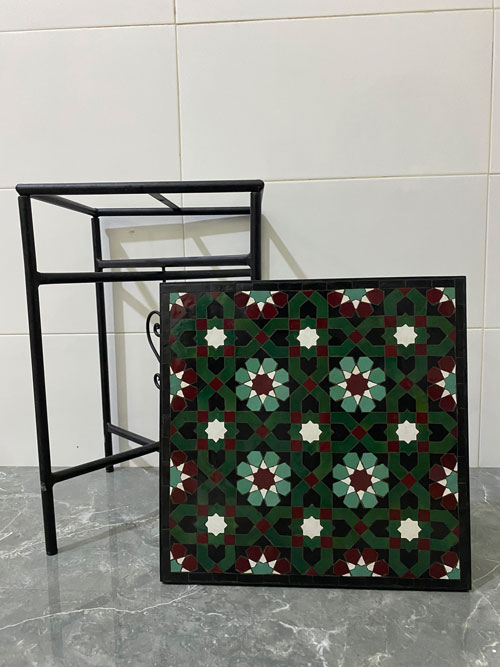 Handmade Moroccan Mosaic Tile Table – Green & Burgundy Zellige Star Pattern Square Side Table with Wrought Iron Base | Indoor & Outdoor Decor - Image 3