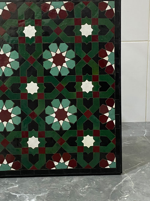 Handmade Moroccan Mosaic Tile Table – Green & Burgundy Zellige Star Pattern Square Side Table with Wrought Iron Base | Indoor & Outdoor Decor - Image 5