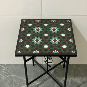 Handmade Moroccan Mosaic Tile Table – Green & Burgundy Zellige Star Pattern Square Side Table with Wrought Iron Base | Indoor & Outdoor Decor