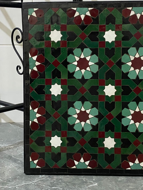 Handmade Moroccan Mosaic Tile Table – Green & Burgundy Zellige Star Pattern Square Side Table with Wrought Iron Base | Indoor & Outdoor Decor - Image 4