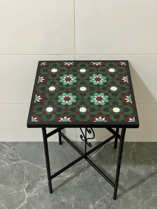 Handmade Moroccan Mosaic Tile Table – Green & Burgundy Zellige Star Pattern Square Side Table with Wrought Iron Base | Indoor & Outdoor Decor