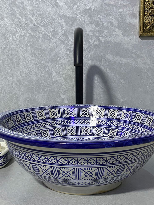 Handmade Blue & White Moroccan Ceramic Vessel Sink - Image 4
