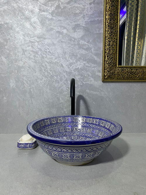 Handmade Blue & White Moroccan Ceramic Vessel Sink - Image 2