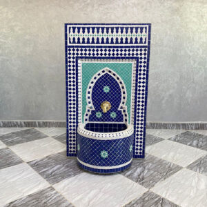 Handmade Moroccan Aqua Zellige Fountain – Blue Mosaic Courtyard Water Feature with Moorish Arch Design