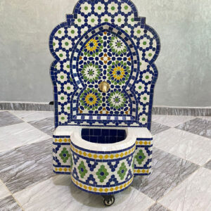 Handmade Moroccan Blue & Green Zellige Fountain – Geometric Mosaic Water Feature for Courtyard & Patio Decor