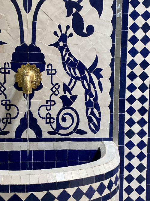 Handmade Moroccan Blue Zellige Fountain – Moorish Wall Water Feature with Peacock Mosaic Design - Image 4