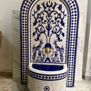 Handmade Moroccan Blue Zellige Fountain – Moorish Wall Water Feature with Peacock Mosaic Design