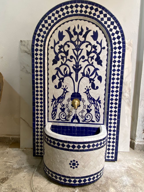Handmade Moroccan Blue Zellige Fountain – Moorish Wall Water Feature with Peacock Mosaic Design