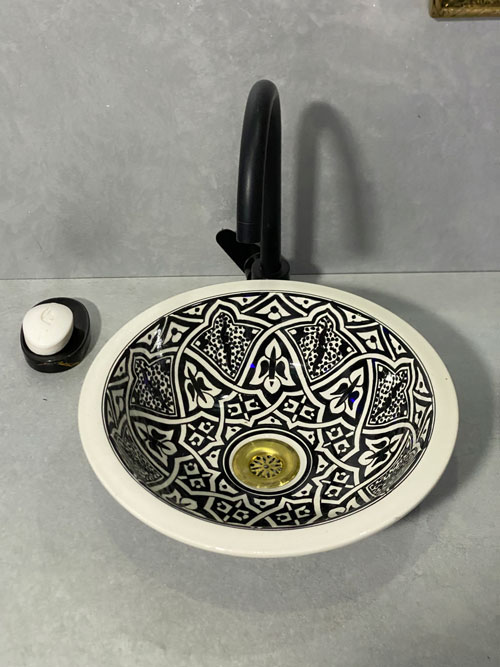 Handmade Black & White Moroccan Ceramic Vessel Sink - Image 3