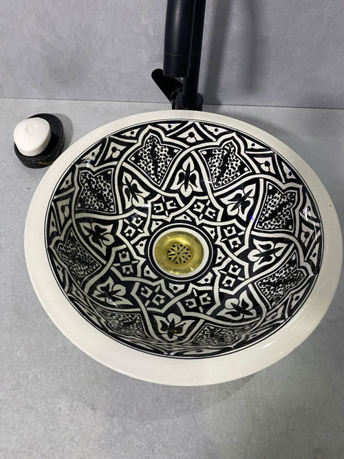 Handmade Black & White Moroccan Ceramic Vessel Sink - Image 4