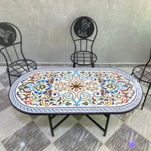 Handmade Moroccan Mosaic Dining Table – Oval Floral Arabesque Zellige Design with Wrought Iron Base | Luxury Indoor & Outdoor Patio Table