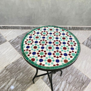 Handmade Moroccan Mosaic Side Table – Round Zellige Patio Table with Geometric Tile Design