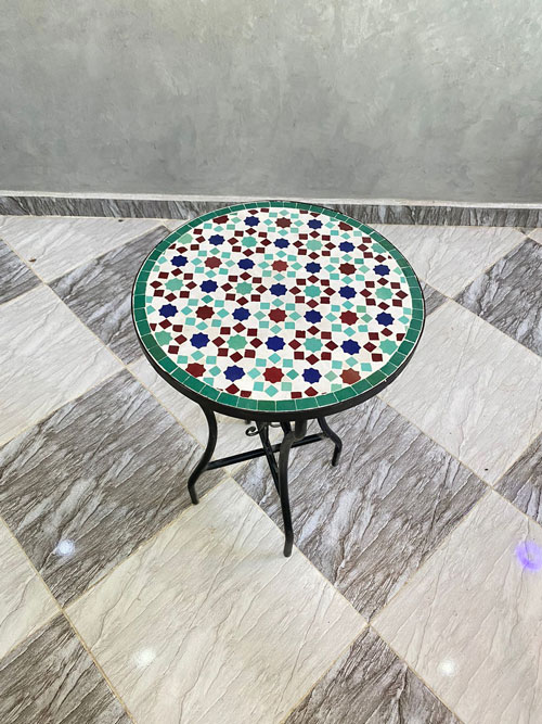 Handmade Moroccan Mosaic Side Table – Round Zellige Patio Table with Geometric Tile Design - Image 5