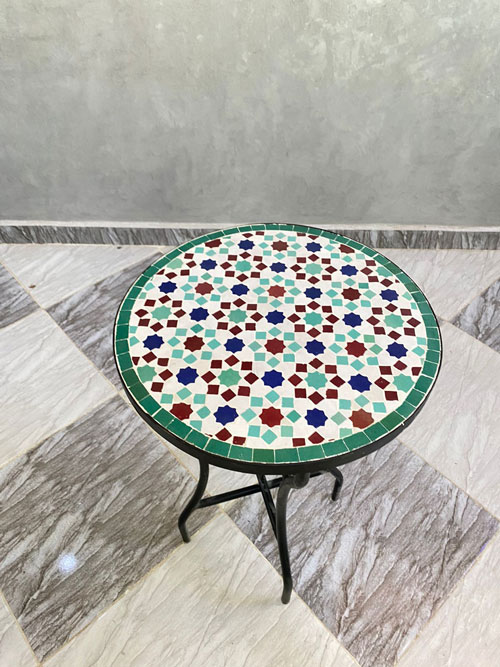 Handmade Moroccan Mosaic Side Table – Round Zellige Patio Table with Geometric Tile Design