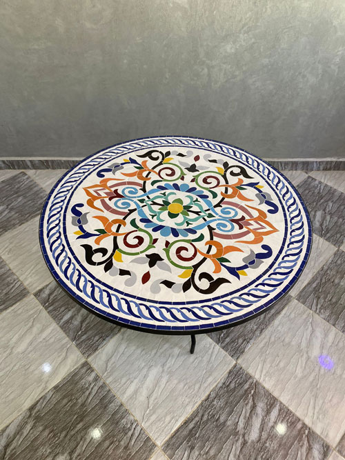 Handmade Moroccan Round Mosaic Table – Floral Arabesque Zellige Design with Wrought Iron Base | Luxury Bistro Coffee & Patio Table - Image 6