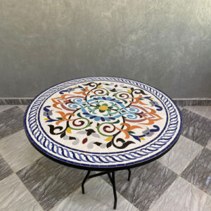 Handmade Moroccan Round Mosaic Table – Floral Arabesque Zellige Design with Wrought Iron Base | Luxury Bistro Coffee & Patio Table