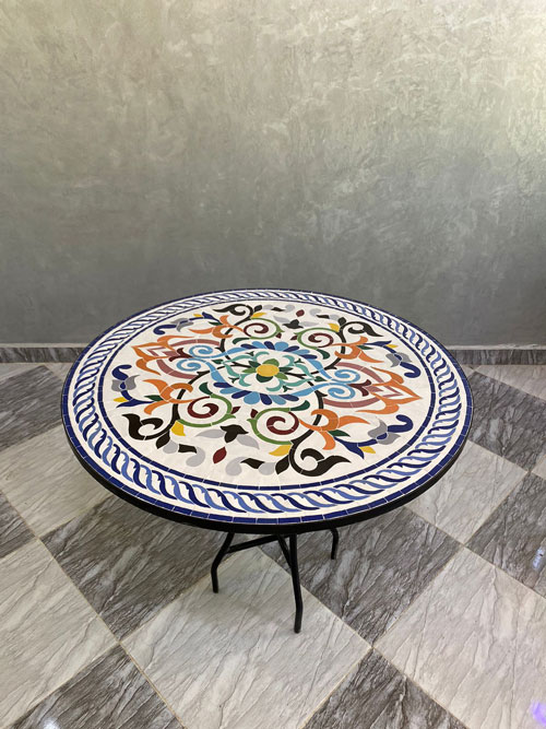 Handmade Moroccan Round Mosaic Table – Floral Arabesque Zellige Design with Wrought Iron Base | Luxury Bistro Coffee & Patio Table