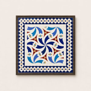 Andalusian Ceramic Wall Panel – Blue Arabesque Tile Artwork | Luxury Moroccan Decor Framed Mosaic