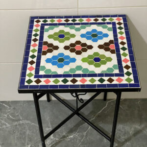 Handmade Moroccan Mosaic Tile Table – Hexagonal Zellige Pattern Square Side Table with Wrought Iron Base | Indoor & Outdoor Decor