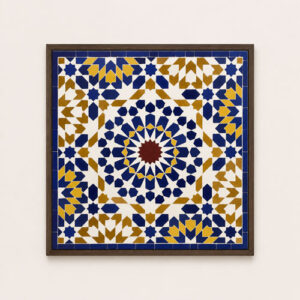 Handcrafted Moroccan Mosaic Wall Art – Blue & Gold Islamic Geometric Tile Decor with Wooden Frame