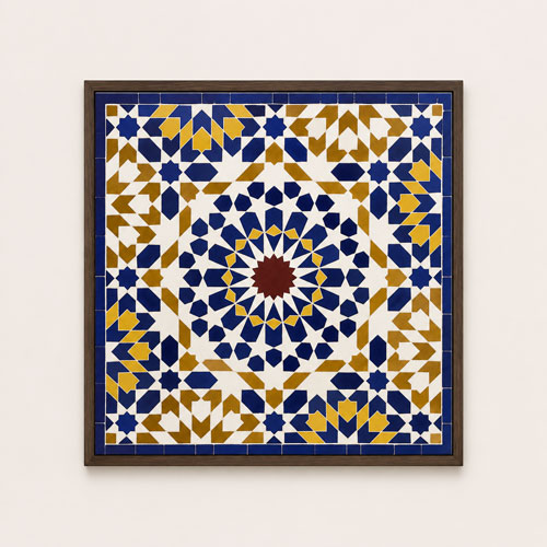 Handcrafted Moroccan Mosaic Wall Art – Blue & Gold Islamic Geometric Tile Decor with Wooden Frame