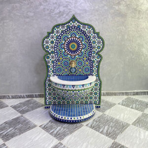 Luxury Moroccan Zellige Fountain – Handmade Blue & Green Mosaic Wall Fountain with Andalusian Patterns
