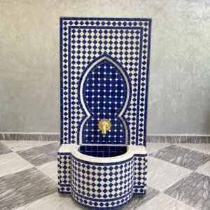 Minimalist Moroccan Blue Zellige Fountain – Handmade Mosaic Water Feature with Classic Moorish Design