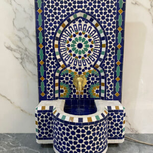 Handmade Moroccan Mosaic Tile Fountain – Zellige Wall Water Feature with Brass Spout | Indoor & Outdoor Patio Decor