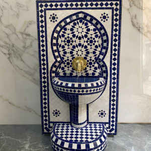 Moroccan Star Mosaic Fountain | Handmade Blue & White Zellige Water Feature for Patio & Interior Decor