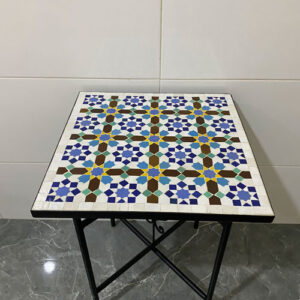 Handmade Moroccan Mosaic Tile Table – Zellige Square Side Table with Wrought Iron Base | Indoor & Outdoor Patio Decor