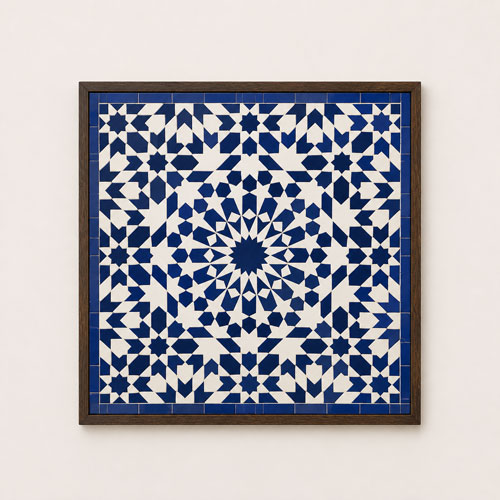 Handcrafted Moroccan Mosaic Wall Art – Blue & Gold Islamic Geometric Tile Decor with Wooden Frame - Image 4